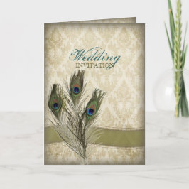 エレガントなヴィンテージクリームダマスクペコックウェディング 招待状