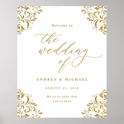 エレガントなヴィンテージゴールドの結婚式ウェルカムサイン ポスター (正面)