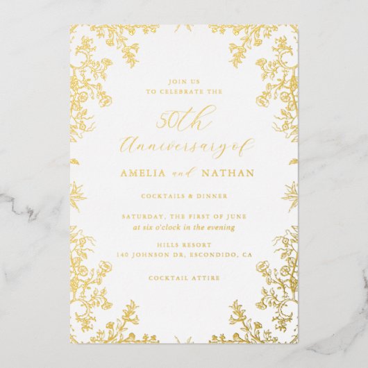 エレガントなヴィンテージゴールド 50周年パーティー 箔招待状 (正面)