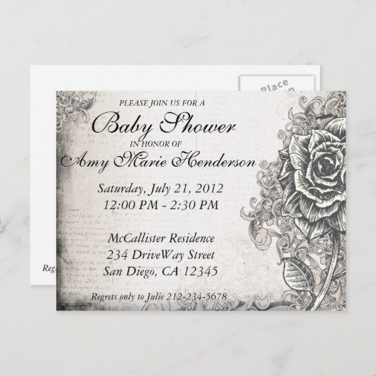 エレガントなヴィンテージタトゥーローズベイビーシャワーポストカード インビテーションポストカード (正面/裏面)