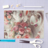 エレガントなヴィンテージピンクのバラとティーポット 薄葉紙 (クラフト)