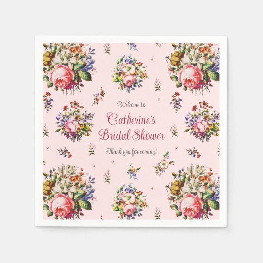 エレガントなヴィンテージピンクのバラの花柄 スタンダードカクテルナプキン (正面)