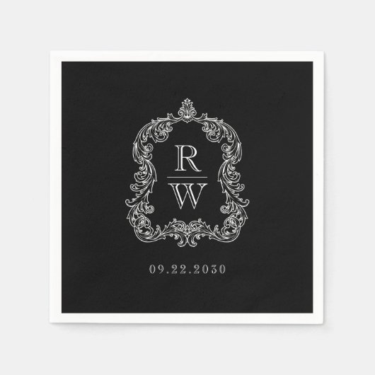 エレガントなヴィンテージモノグラムクレストブラックホワイトウェディング スタンダードカクテルナプキン (正面)