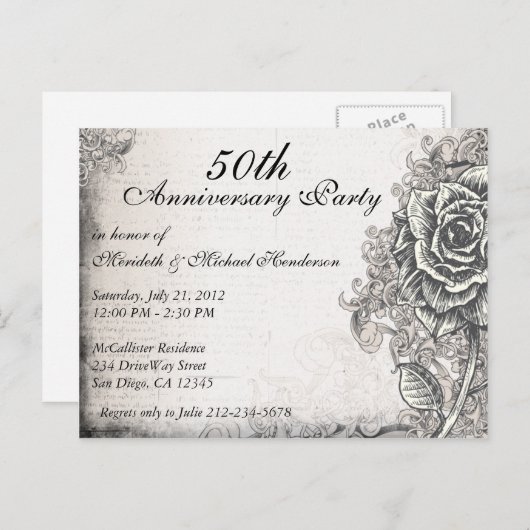 エレガントなヴィンテージローズアニバーサリーパーティーの招待状 インビテーションポストカード (正面/裏面)