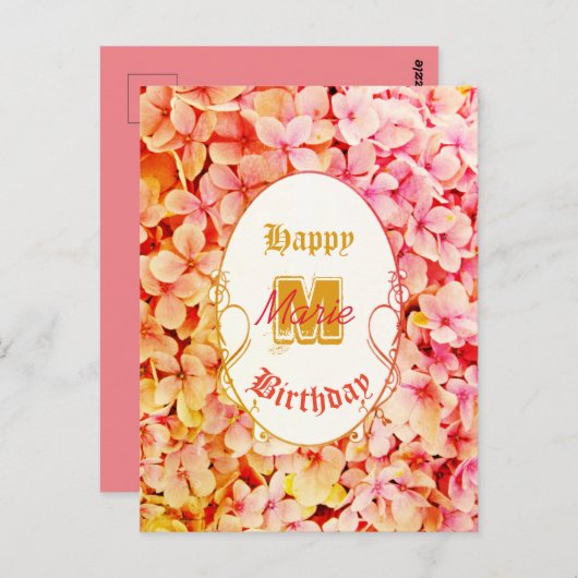 エレガントなヴィンテージ植物学のピンクのタイポグラフィー誕生日 ポストカード (正面/裏面)