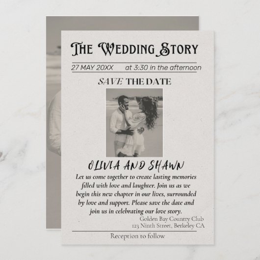 エレガントなヴィンテージ「ウェディングストーリー」Save the Date 招待状 (正面/裏面)