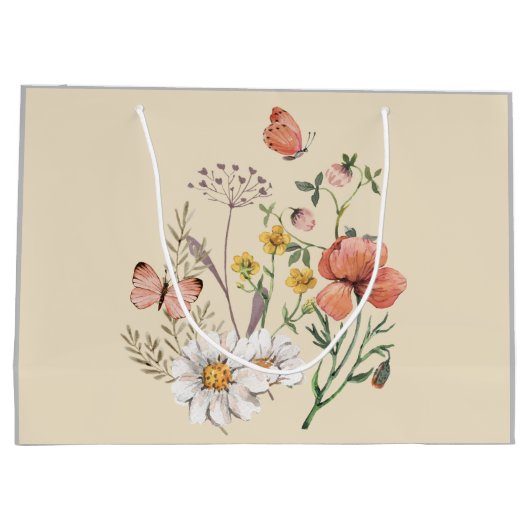 エレガントなヴィンテージ コテージコア 水彩 フラワーボヘミアン ラージペーパーバッグ (裏面)