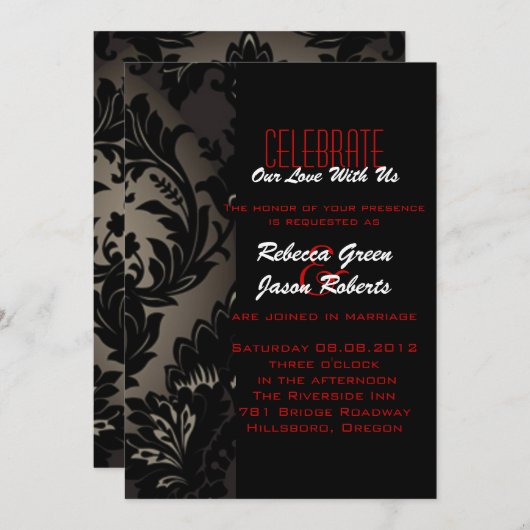 エレガントなヴィンテージ ゴールド ブラック フォーマル ダマスク ウェディング 招待状 (正面/裏面)