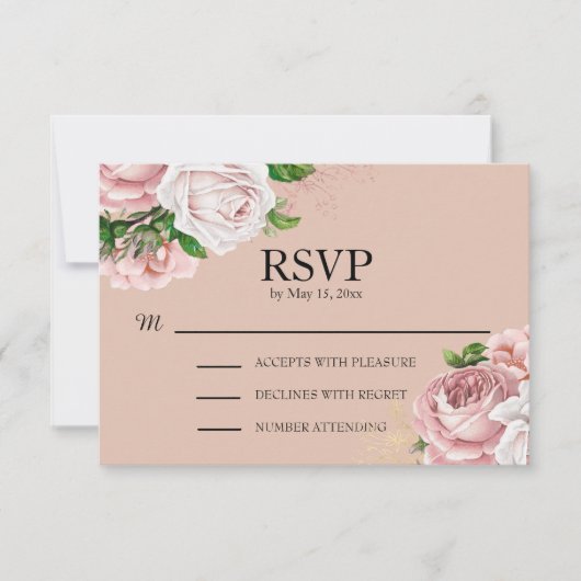 エレガントなヴィンテージ・サーモンピンクの花嫁RSVP 出欠カード (正面)