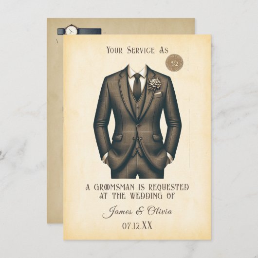 エレガントなヴィンテージ スーツのグルームズマン プロポーズ リクエスト 招待状 (正面/裏面)