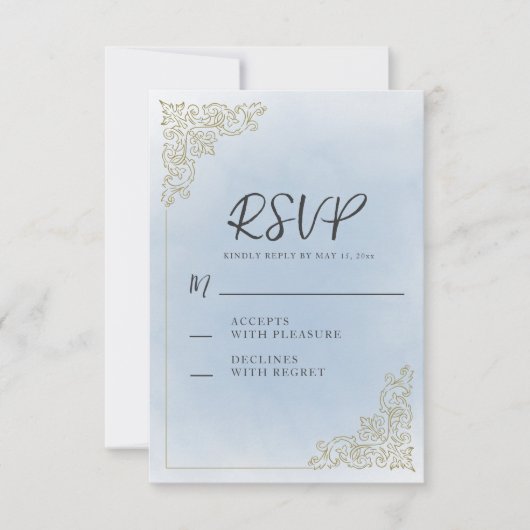 エレガントなヴィンテージ ダスティーブルー ゴールド 出欠カード (正面)