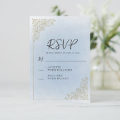 エレガントなヴィンテージ ダスティーブルー ゴールド 出欠カード (スタンド正面)