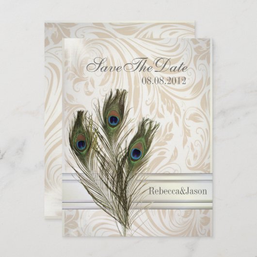 エレガントなヴィンテージ ダマスク ペコック Save the date 案内ポストカード (正面/裏面)