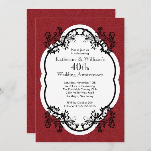 エレガントなヴィンテージ ダマスク 結婚記念日パーティー 招待状 (正面/裏面)