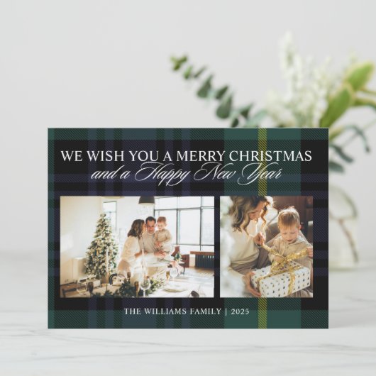 エレガントなヴィンテージ・チェック柄の2枚の写真が入ったクリスマスカード シーズンカード (スタンド正面)