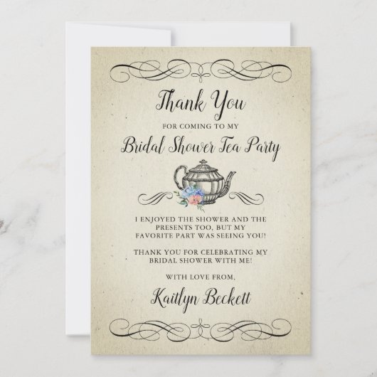 エレガントなヴィンテージ ティーパーティー | ブライダルシャワー サンキューカード (正面)