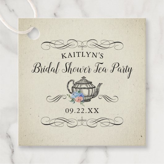 エレガントなヴィンテージ ティーパーティー | ブライダルシャワー フェイバータグ (正面)