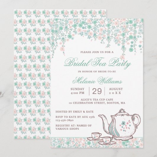 エレガントなヴィンテージ ティーパーティー | 花のブライダルシャワー 招待状 (正面/裏面)