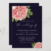 エレガントなヴィンテージ ネイビー＆ピンクの牡丹の結婚式 招待状 (正面/裏面)