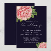 エレガントなヴィンテージ ネイビー＆ピンクの芍薬の結婚式 招待状 (正面/裏面)
