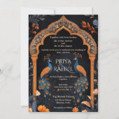 エレガントなヴィンテージ ネイビー ペアカックのインドの結婚式アーチ 招待状 (正面)