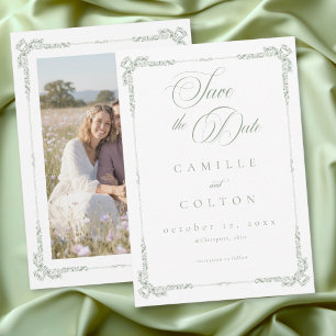 エレガントなヴィンテージ バロック風 セージグリーン ウェディングフォト セーブザデート