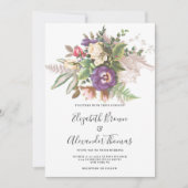 エレガントなヴィンテージ パープル アイボリー グリーン 花のウェディング 招待状 (正面)
