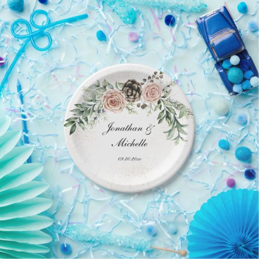 エレガントなヴィンテージ ピンクのバラ グリーン ペーパープレート (パーティー)