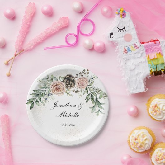 エレガントなヴィンテージ ピンクのバラ グリーン ペーパープレート (パーティー)