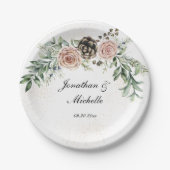 エレガントなヴィンテージ ピンクのバラ グリーン ペーパープレート (正面)