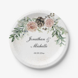 エレガントなヴィンテージ ピンクのバラ グリーン ペーパープレート