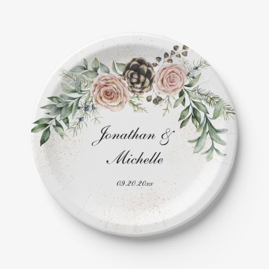 エレガントなヴィンテージ ピンクのバラ グリーン ペーパープレート (正面)