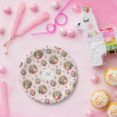 エレガントなヴィンテージ ピンク フラワーパターン 名前 モノグラム ペーパープレート (パーティー)