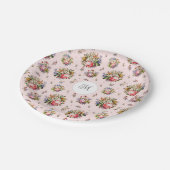 エレガントなヴィンテージ ピンク フラワーパターン 名前 モノグラム ペーパープレート (アングル)