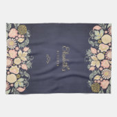 エレガントなヴィンテージ フラワー ネイビー ブラッシュ ピーチ キッチンタオル (横)