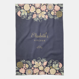 エレガントなヴィンテージ フラワー ネイビー ブラッシュ ピーチ キッチンタオル
