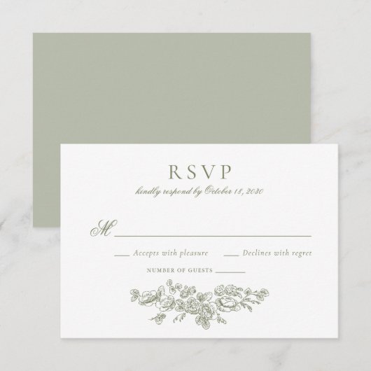 エレガントなヴィンテージ フラワー フレンチ セージグリーン RSVP 招待状 (正面/裏面)
