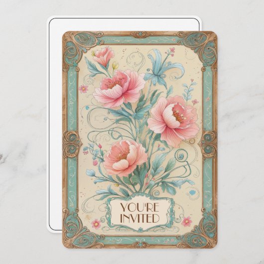 エレガントなヴィンテージ フラワー フローラル ブーケ アニバーサリー 招待状 (正面/裏面)