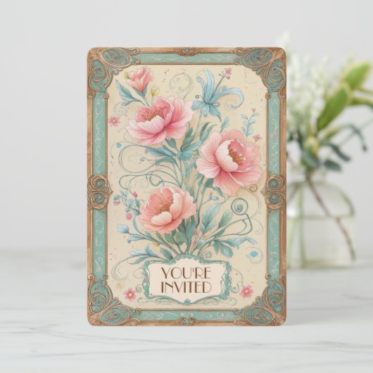 エレガントなヴィンテージ フラワー フローラル ブーケ アニバーサリー 招待状 (スタンド正面)