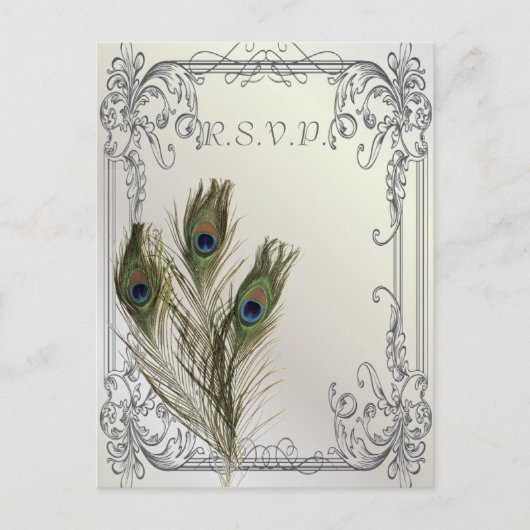 エレガントなヴィンテージ フラワー ペコック 結婚式 RSVP インビテーションポストカード (正面)