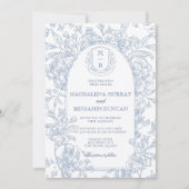 エレガントなヴィンテージ フランス ブルー 花柄 トゥアール ウェディング 招待状 (正面)