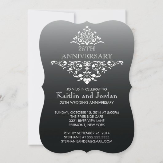 エレガントなヴィンテージ ブラック フラワーズ 結婚記念日パーティー 招待状 (正面)