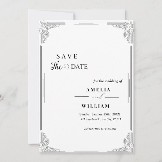 エレガントなヴィンテージ ブラック＆ホワイトのSave the Dateカード セーブザデート (正面)