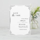 エレガントなヴィンテージ ブラック＆ホワイトのSave the Dateカード セーブザデート (スタンド正面)