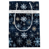 エレガントなヴィンテージ ブルーの雪の結晶 ホリデー ミディアムペーパーバッグ (正面)