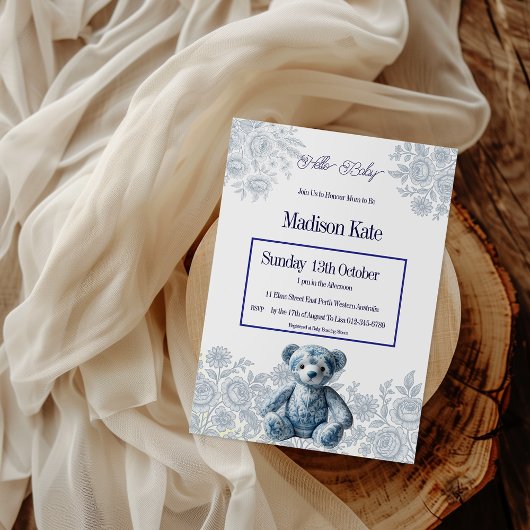 エレガントなヴィンテージ ブルー トワール ベイビー シャワー 招待状