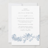 エレガントなヴィンテージ モダン ブルー フラワー ウェディング 招待状 (正面)