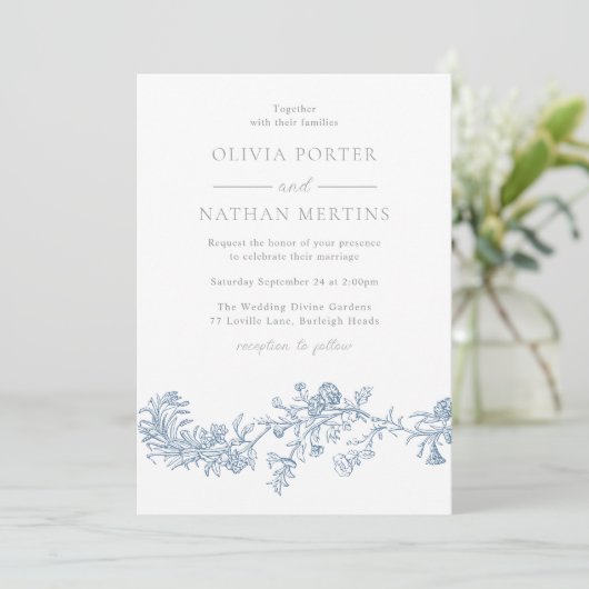 エレガントなヴィンテージ モダン ブルー フラワー ウェディング 招待状 (スタンド正面)