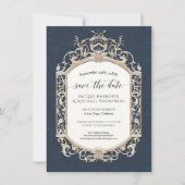 エレガントなヴィンテージ ヴィクトリアン ネイビーとゴールドの写真 招待状 (正面)