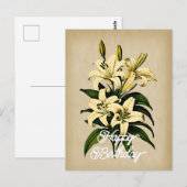 エレガントなヴィンテージ 白いユリの花 ハッピーバースデー ポストカード (正面/裏面)